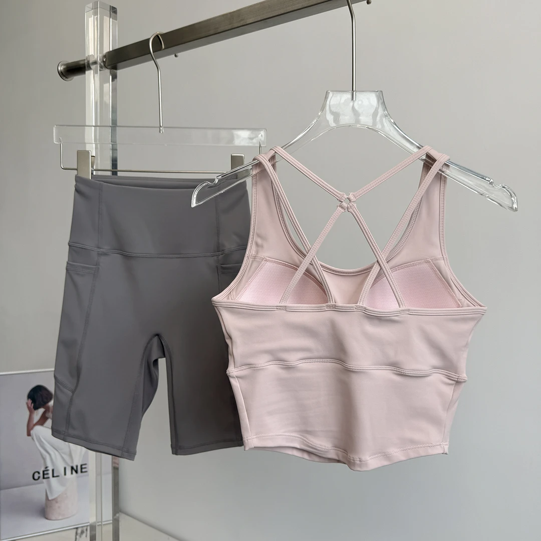 运动套装女夏季带胸垫瑜伽服背心高腰显瘦跑步骑行登山健身五分裤