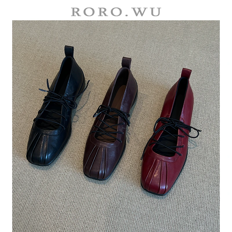 娆娆吴·羊皮气质休闲系带捏褶芭蕾舞方头减龄真皮百搭单鞋D952