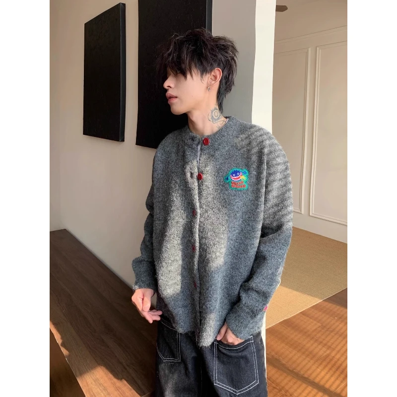 美式纽扣趣味复古刺绣圆领秋冬长袖针织开衫毛衣男女休闲宽松外套