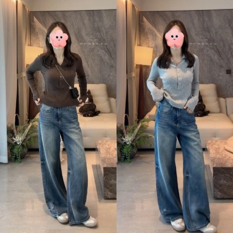 高级感老钱风排扣翻领针织衫+复古水洗设计感宽松牛仔裤LK2505936