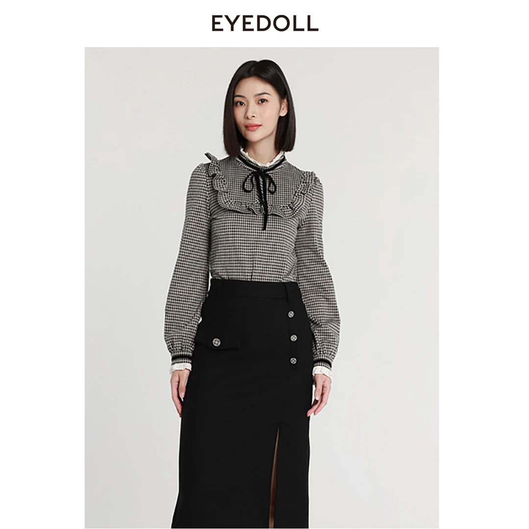 EYEDOLL冬季新款丝绒织带黑白格衬衫上衣