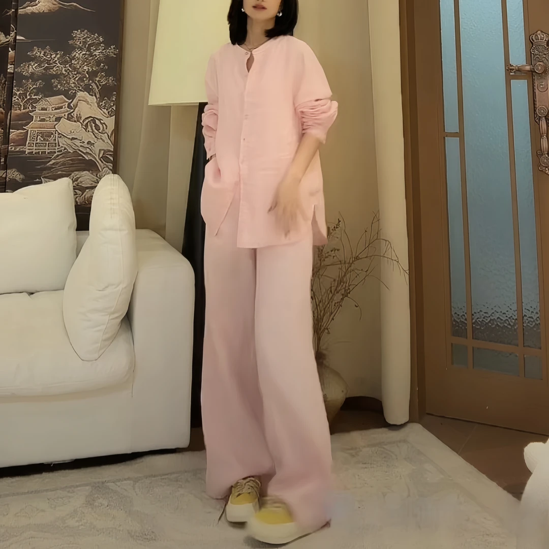 气质琉璃慵懒老钱风套装休闲显瘦百搭衬衫+宽松阔腿裤防晒两件套