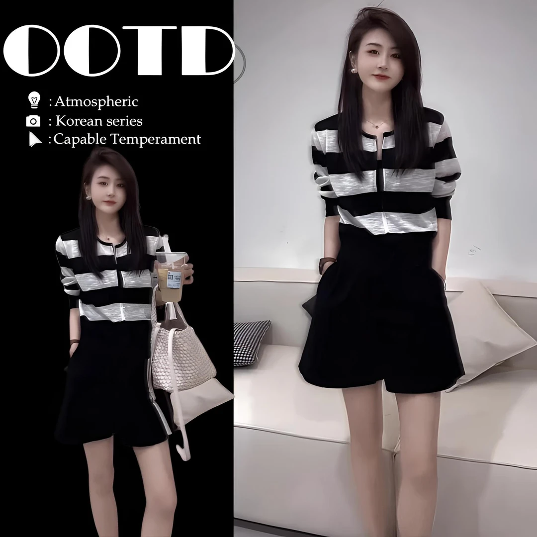 夏季冰丝薄款清凉镂空条纹修身针织开衫短袖黑色短裤小个子两件套