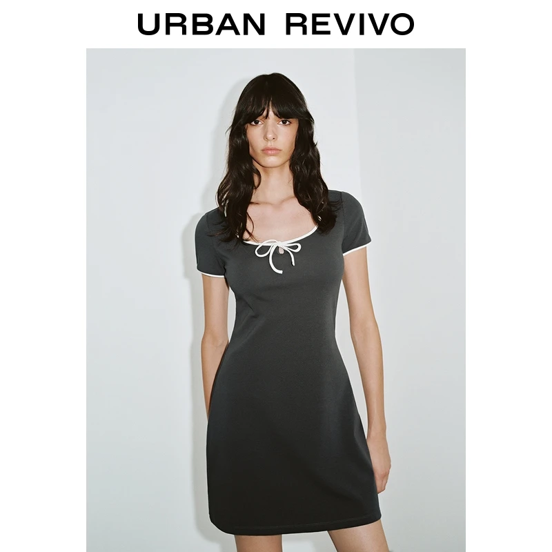 UR2025秋季新款女装休闲撞色边系带短袖连衣裙UYY750130