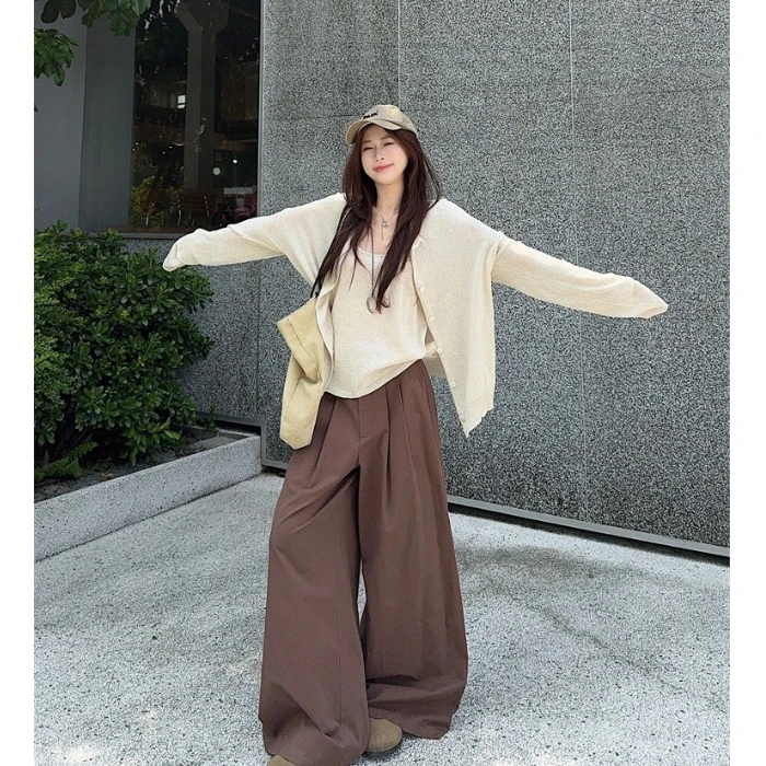 早秋穿搭套装女宽松慵懒长袖针织开衫外套休闲压褶休闲长裤两件套