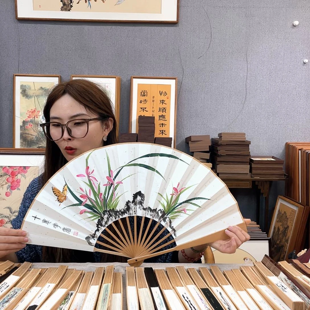 国画10寸玉竹-纯手绘-文玩扇骨（默认粘好）