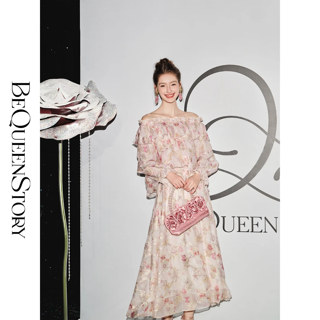 余潇潇【金粉幻蝶】浪漫感桑蚕丝提花凉爽荷叶边上衣&半裙