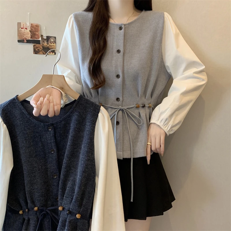 大码秋季法式气质设计感假两件拼接收腰百搭长袖上衣女