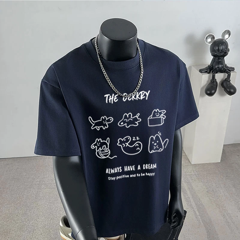 美式简约风ins趣味印花纯棉T恤男女夏季百搭休闲宽松情侣短袖上衣