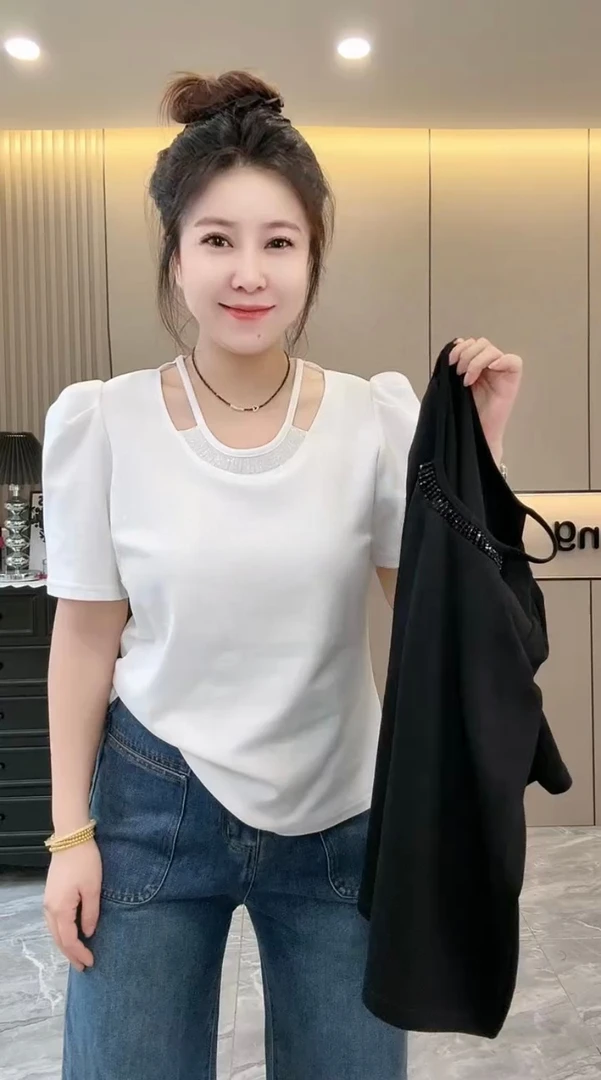 25年新款重工钉珠泡泡袖挂脖短袖T恤女欧货夏季时尚洋气百搭上衣