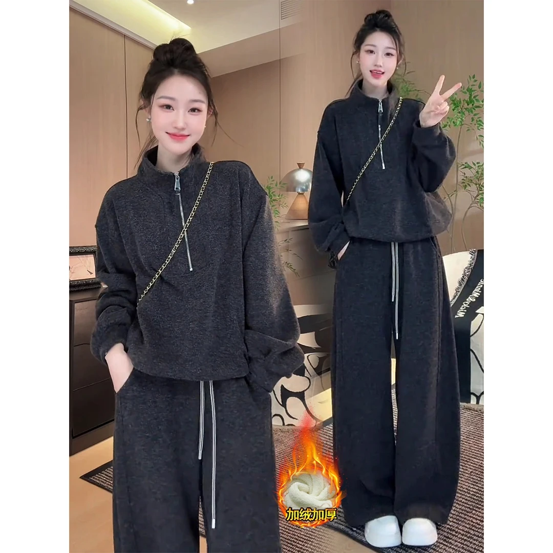 拉夏贝尔时尚加绒套装女秋冬季2025新款洋气马甲卫衣阔腿裤三件套