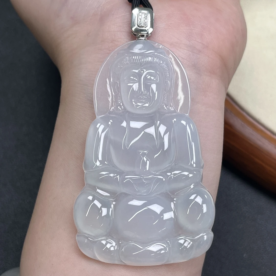 天然缅甸翡翠A货18K金镶嵌冰种大观音翡翠观音吊坠翡翠直播
