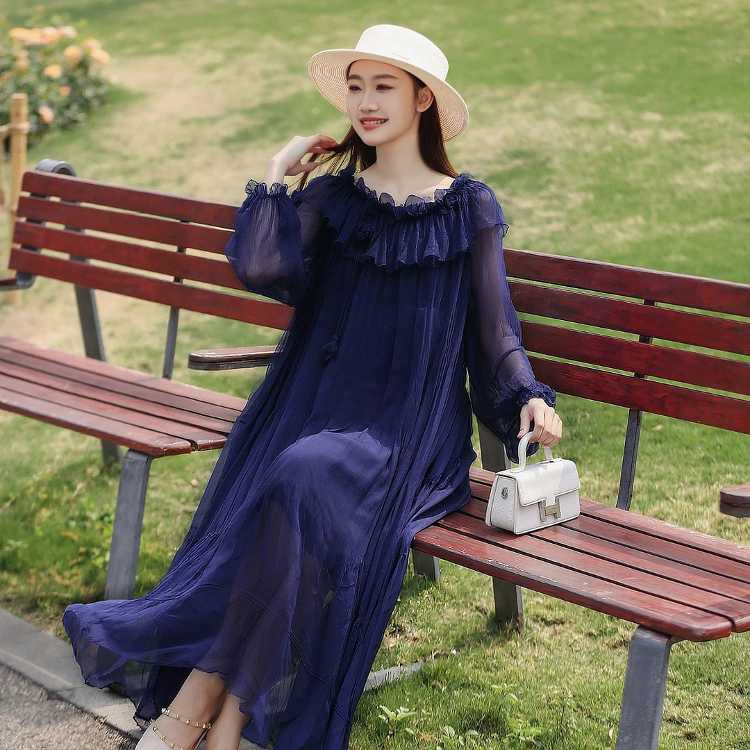 拜占庭的森林蓝色简约百搭显瘦透气宽松百搭气质中长款真丝连衣裙