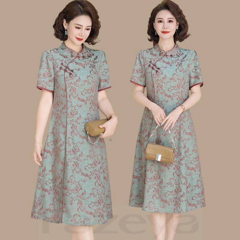 彩羊妈妈夏装连衣裙母亲节新款改良旗袍中老年女夏季国风裙子洋气