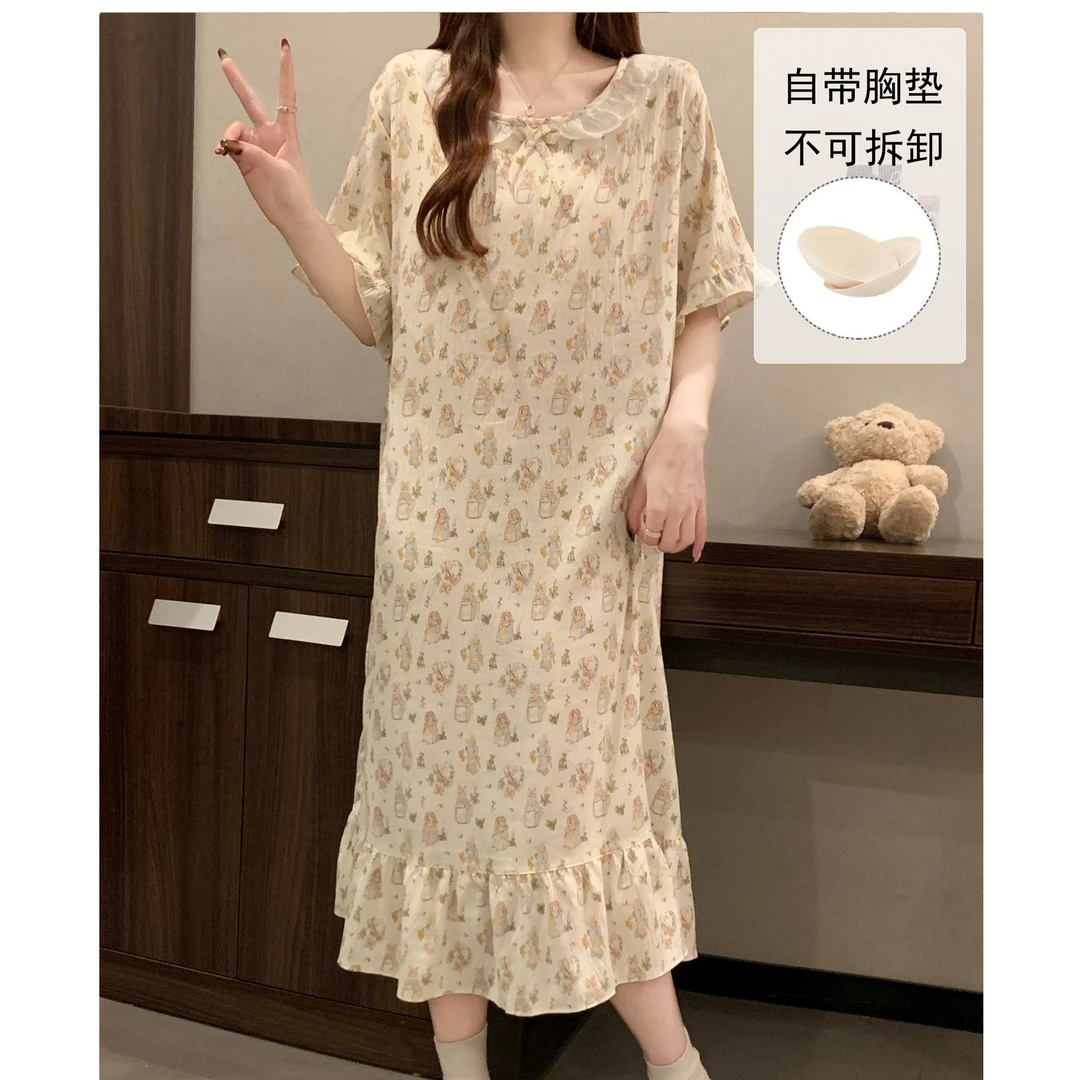 6822# 云朵棉带胸垫夏季卡通可爱短袖睡衣薄款家居服连衣裙