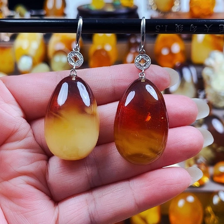 琥珀银S925镶嵌裸石耳环