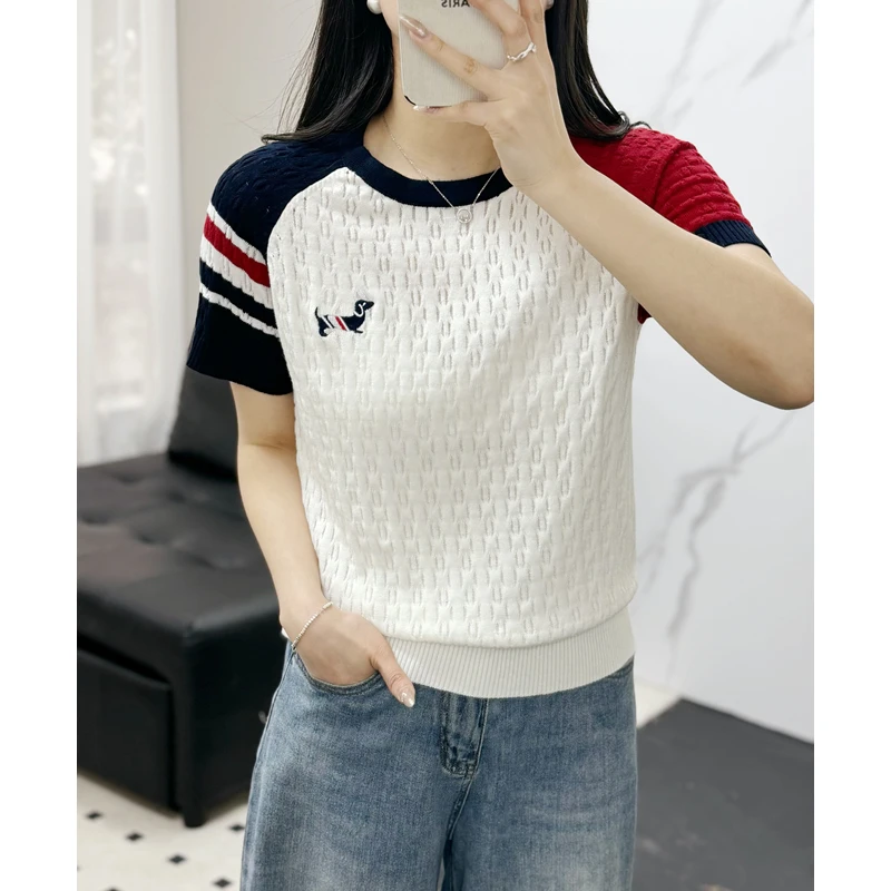 镂空刺绣小狗春秋季新款丝光绵羊毛针织短袖T恤百搭3041