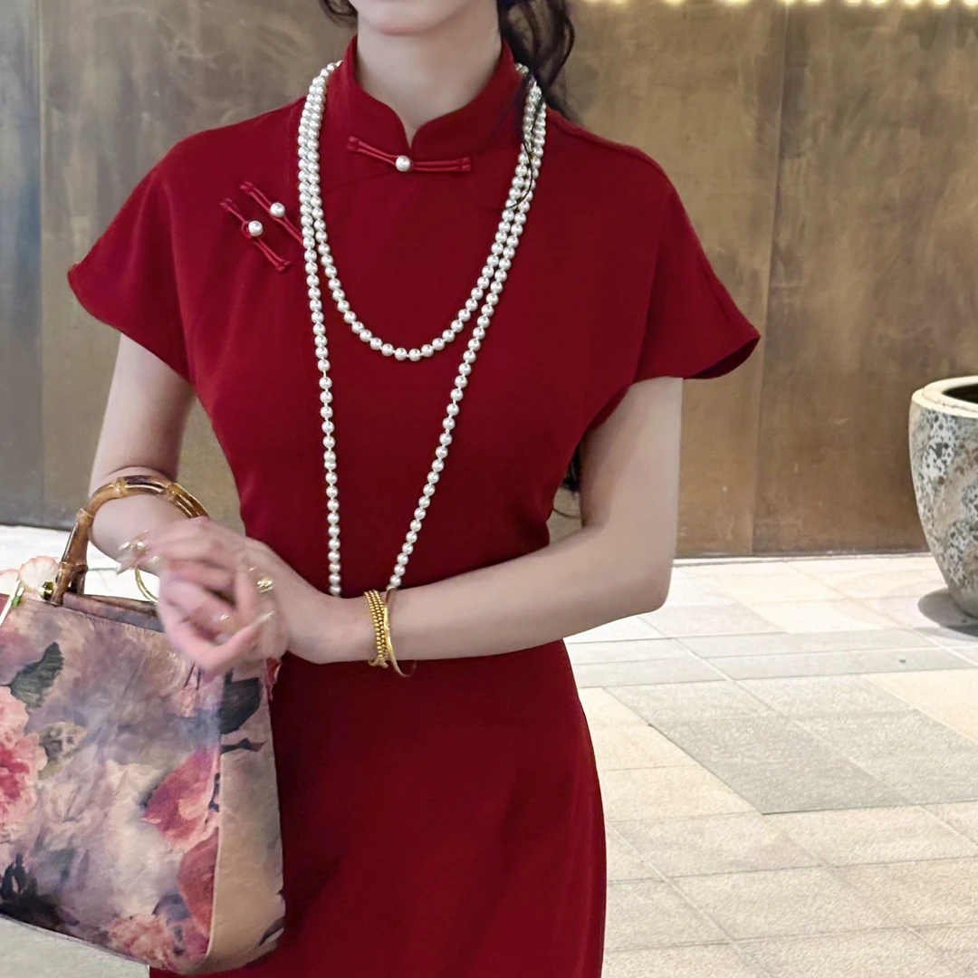LHMknk1画报夫人原创自制素雅中国红连衣裙新中式国风旗袍 儒雅红