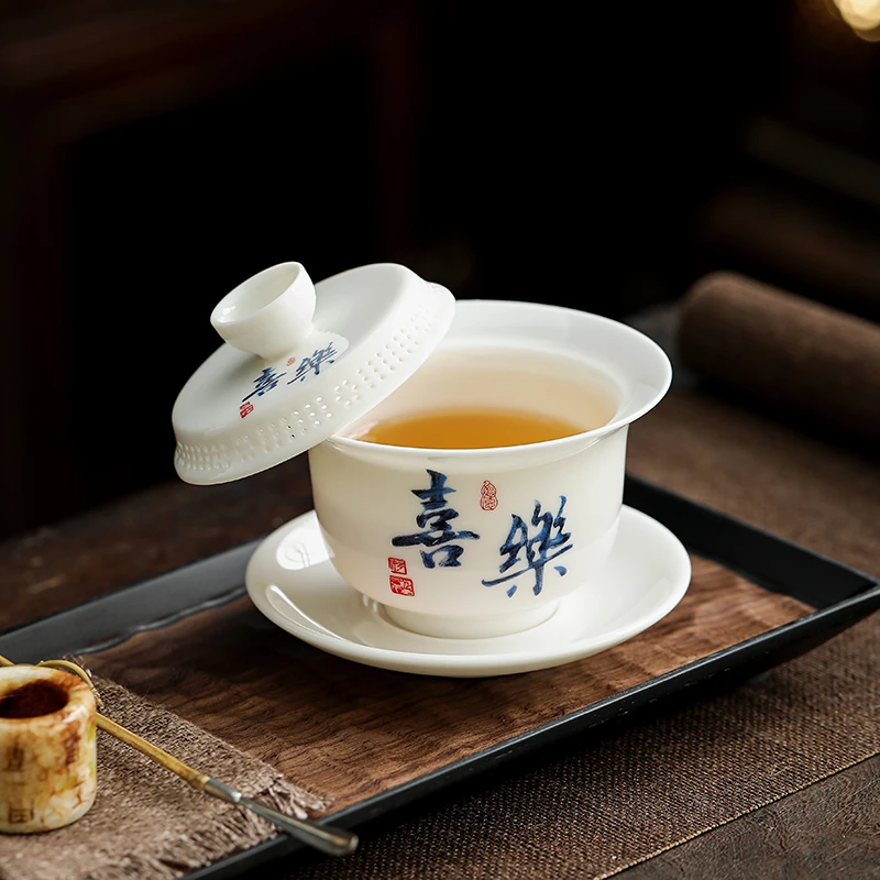 羊脂玉白瓷悬停三才盖碗带盖单个字体泡茶碗家用泡茶器功夫茶工具