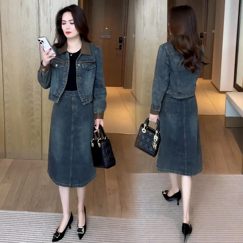 时尚洋气春秋显瘦收腰修身韩版春季套装连衣裙裙子牛仔裙长袖中长
