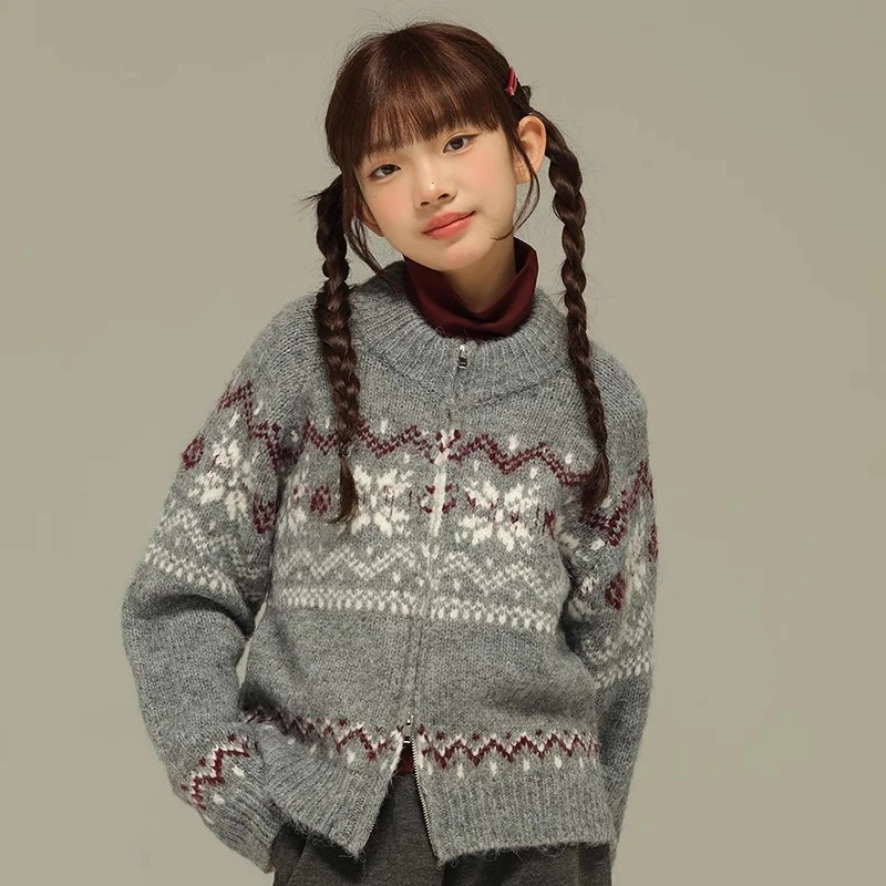 小女森女童秋冬毛衣厚款保暖开衫儿童费尔岛宽松圆领针织外套上衣