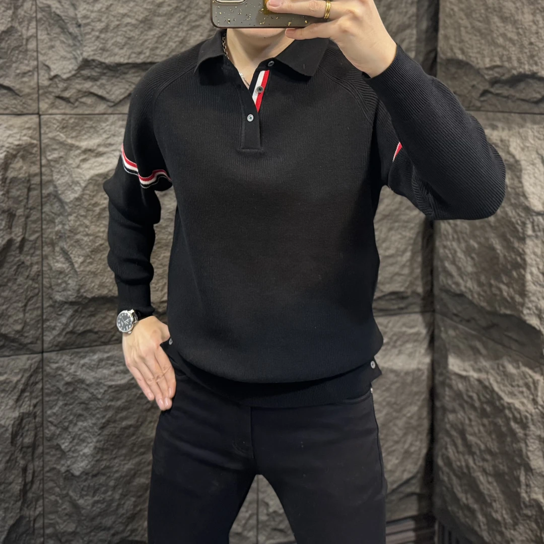 欧货轻奢高品质秋冬款长袖针织毛衣翻领T恤男士时尚休闲打底