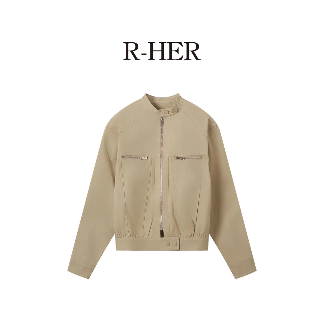 R-HER【重工夹克】重工刺绣收褶袖口气质休闲拉链口袋立领夹克外套