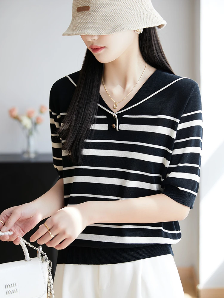 黑白条纹天丝针织衫夏季高级感小衫2025年新款女士小个子短袖T恤