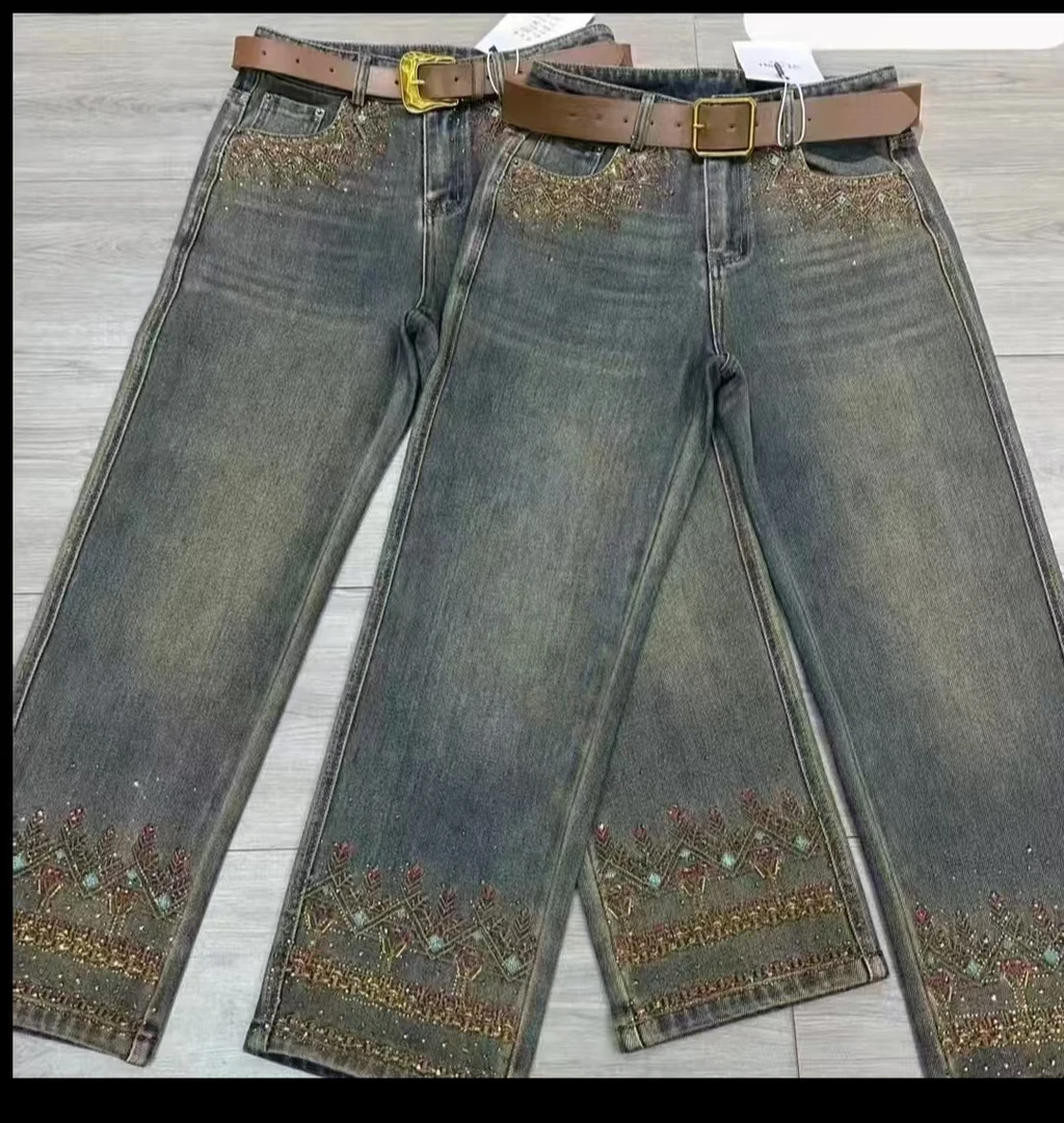 刺绣烫钻牛仔直筒裤 2025年新款弹力高腰显瘦 نۇزەي ئشتان