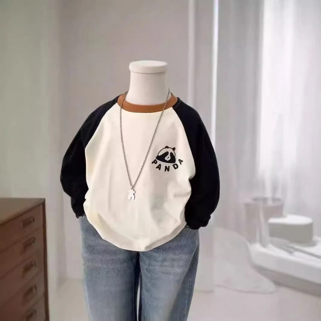 儿童韩版撞色字母印花春秋新款男女童熊猫打底T恤