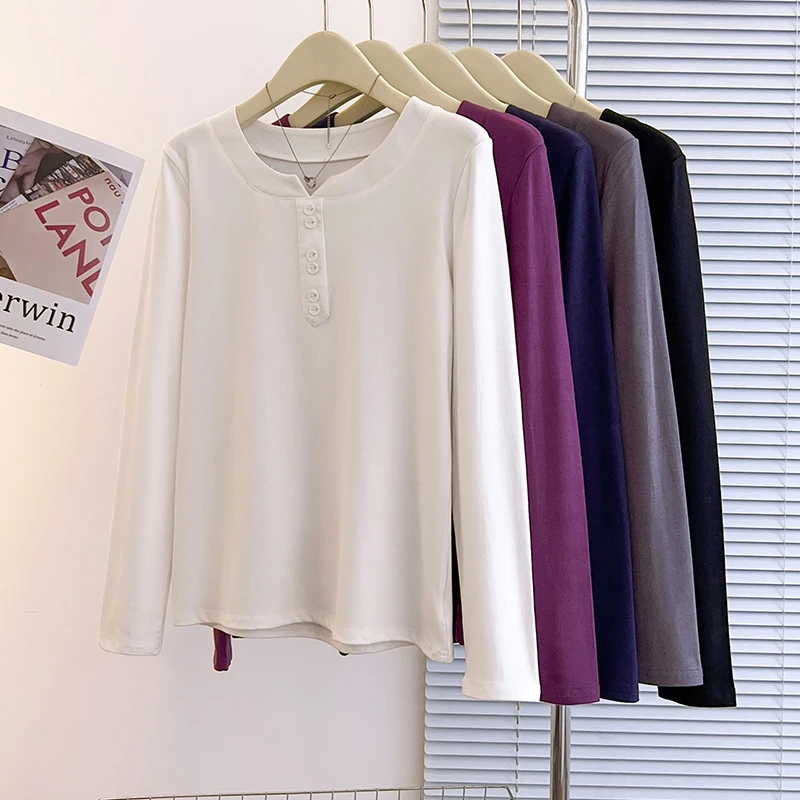 V领纽扣纯色T恤春季大码休闲百搭宽松显瘦长袖上衣32000