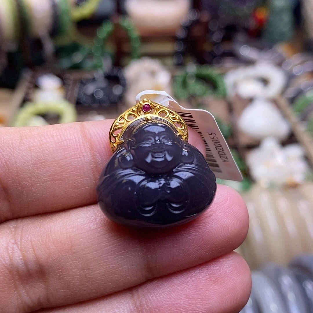 和田玉未镶嵌颈饰收藏级烟紫帝王紫老矿料高冰金镶抱抱佛吊坠