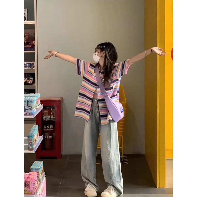 特大码2-300斤彩虹条纹针织衬衫女夏胖mm宽松显瘦设计感短袖衬衣