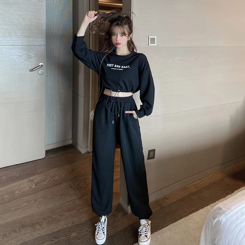 休闲运动套装女2025新款抽绳字母减龄显瘦洋气短款卫衣长裤两件套