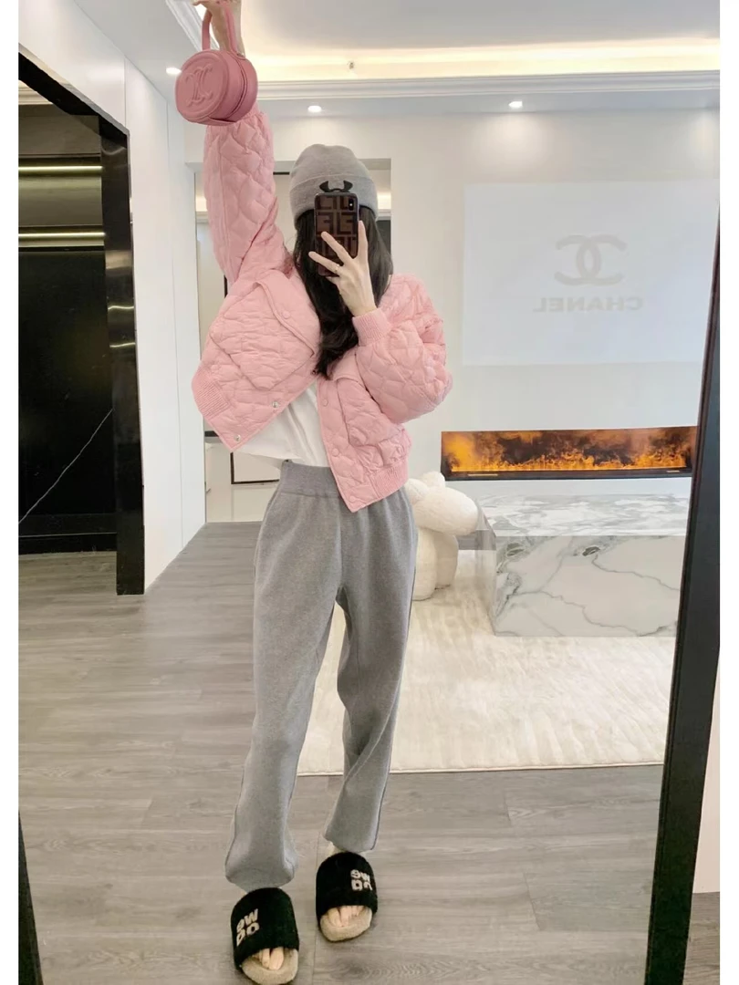 粉色拼接口袋菱格棉服外套女冬新款立领纽扣时尚棉袄休闲裤套装
