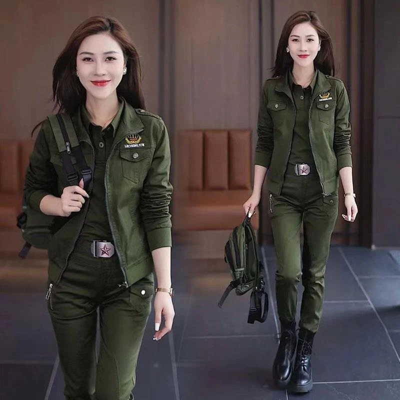 春秋新款迷彩服套装女时尚休闲显瘦长裤军绿外套户外运动三件套潮