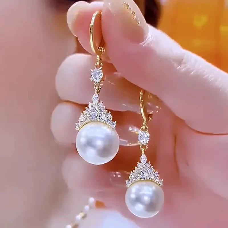 铜合金锆石耳饰 皇冠锆石珍珠耳扣2025新款轻奢高级感气质耳饰