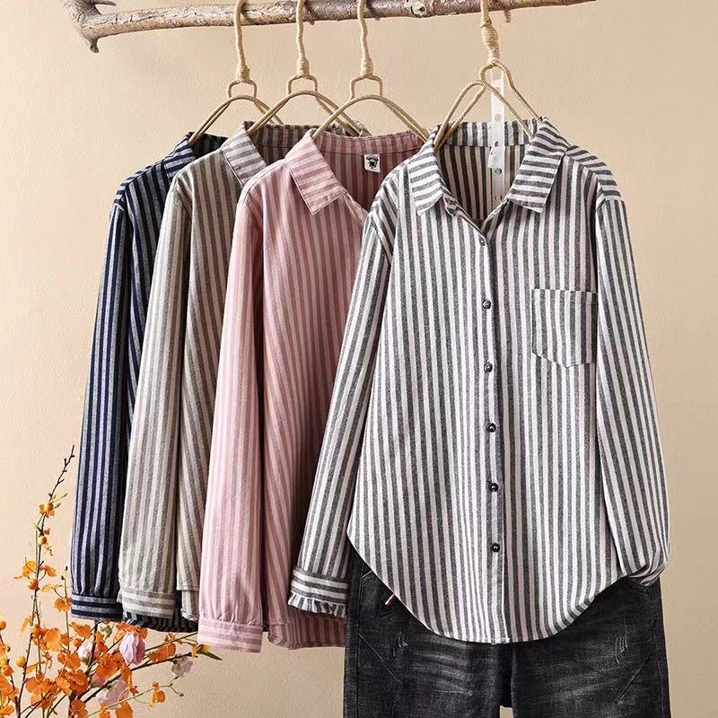 新款春季休闲百搭长袖衬衫春秋大码宽松条纹上衣显瘦衬衣女343