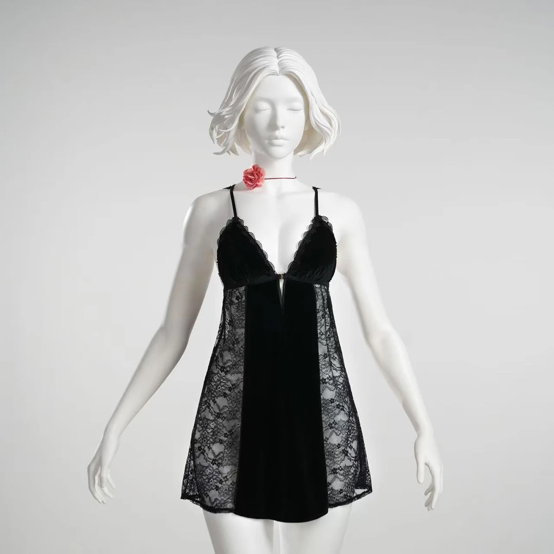 似梦【90-220斤】蕾丝气质丝绒女士薄款纯欲美背法式睡裙 2523