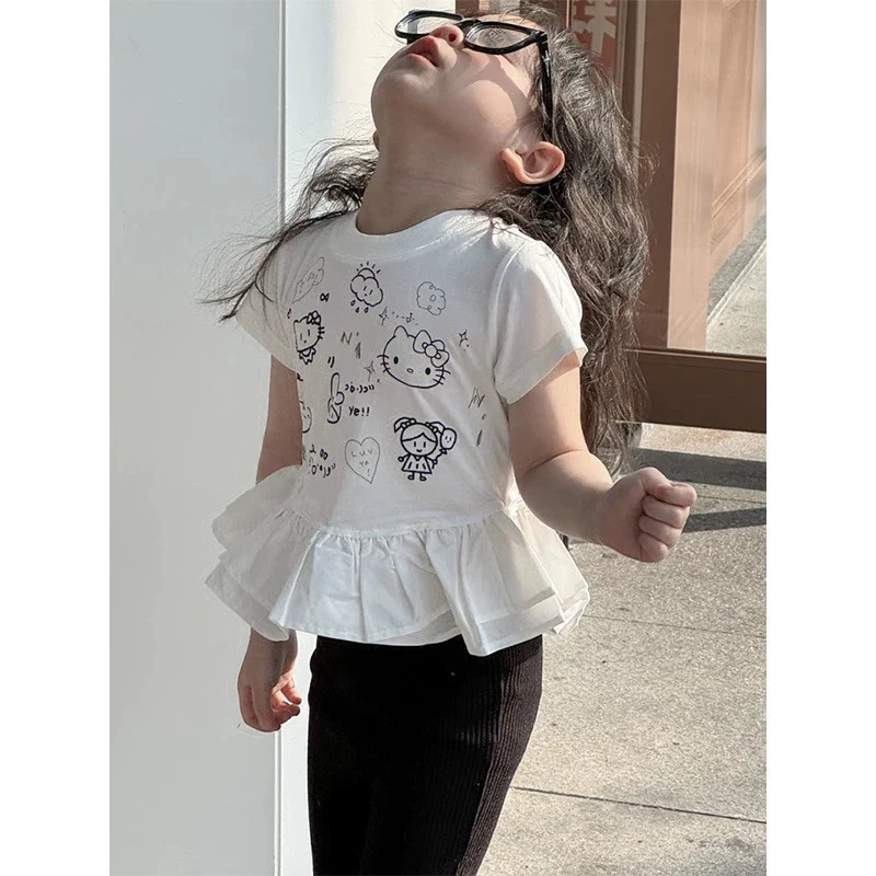 韩版品质童装女童2025新款夏季洋气儿童可爱白色上衣喇叭裤套装