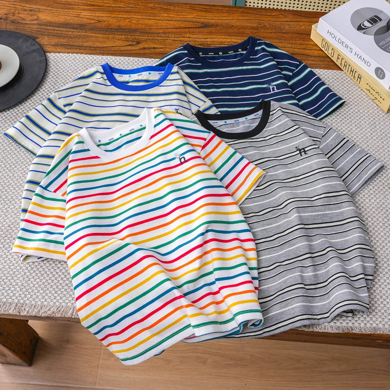 儿童夏季新款撞色领条纹短袖t恤中大童薄款半袖圆领上衣男女通打