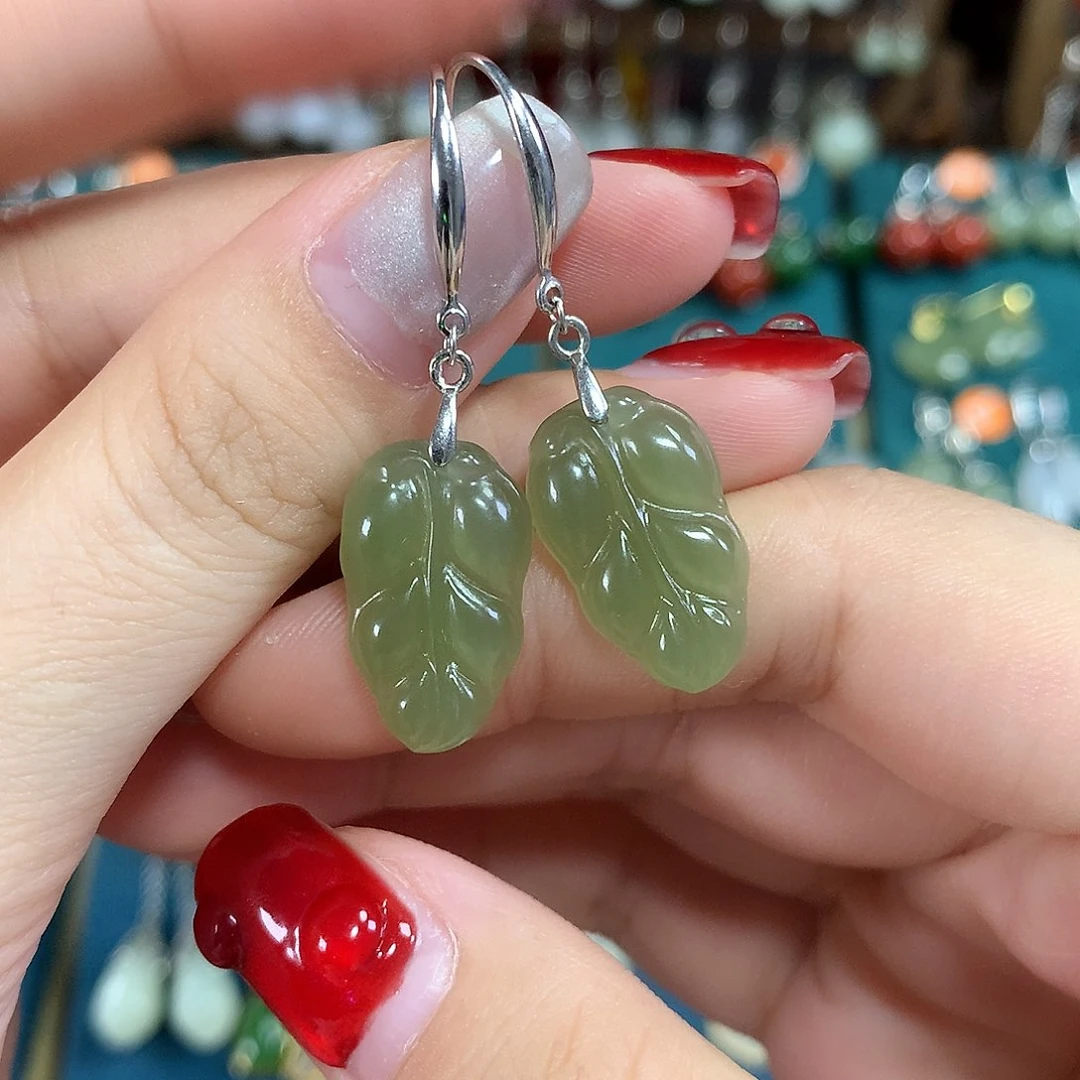 和田玉银S925镶嵌耳饰金枝玉叶