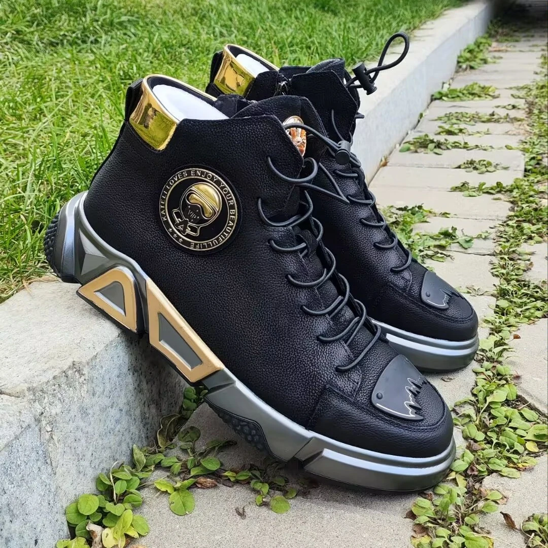 特大码潮鞋加肥加大男款皮鞋马丁靴厚底加绒保暖冬季机车男鞋真皮