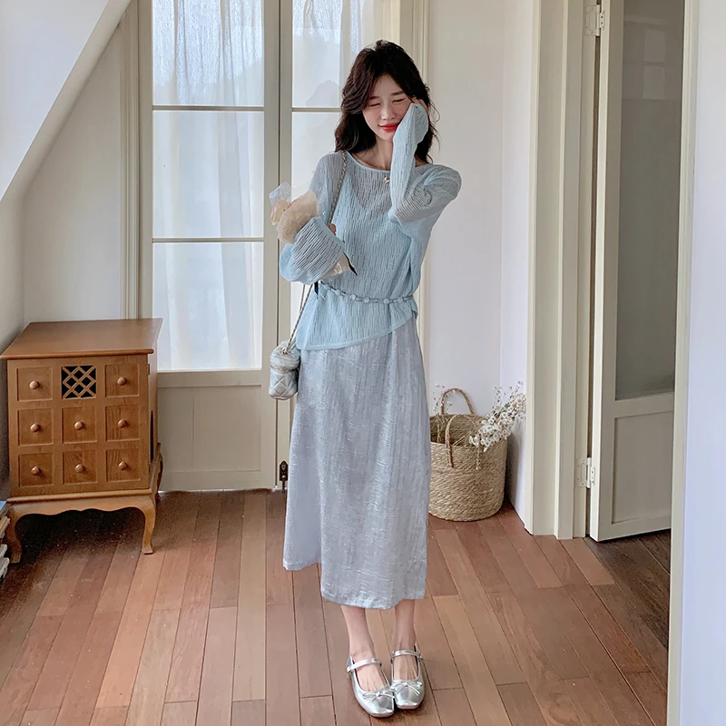 温柔韩系风甜美减龄套装裙女早秋新款时尚高级感罩衫吊带裙两件套