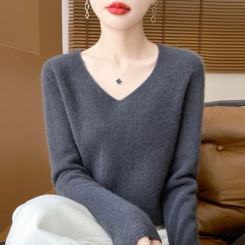 【100%纯羊毛】一线成衣女春秋内搭显瘦羊毛衫V领羊绒针织打底毛衣