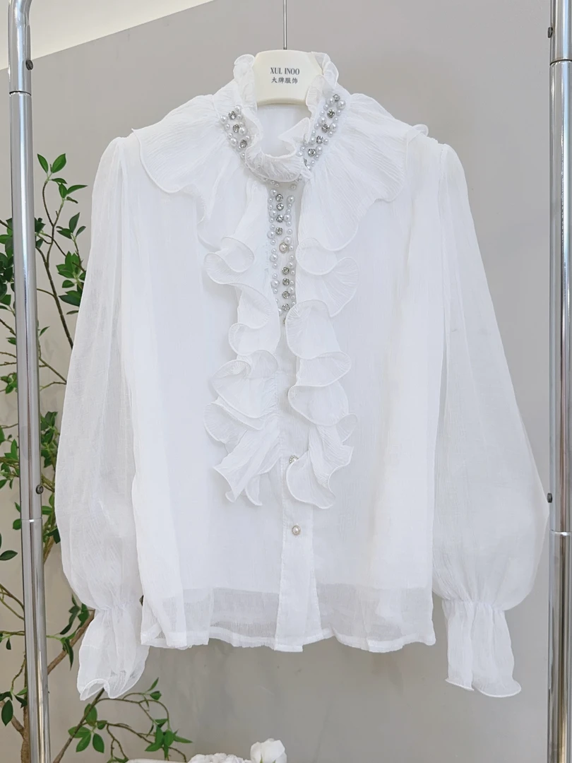 琳心丨早秋新款白色法式重工设计感优雅高级长袖衬衫 6667