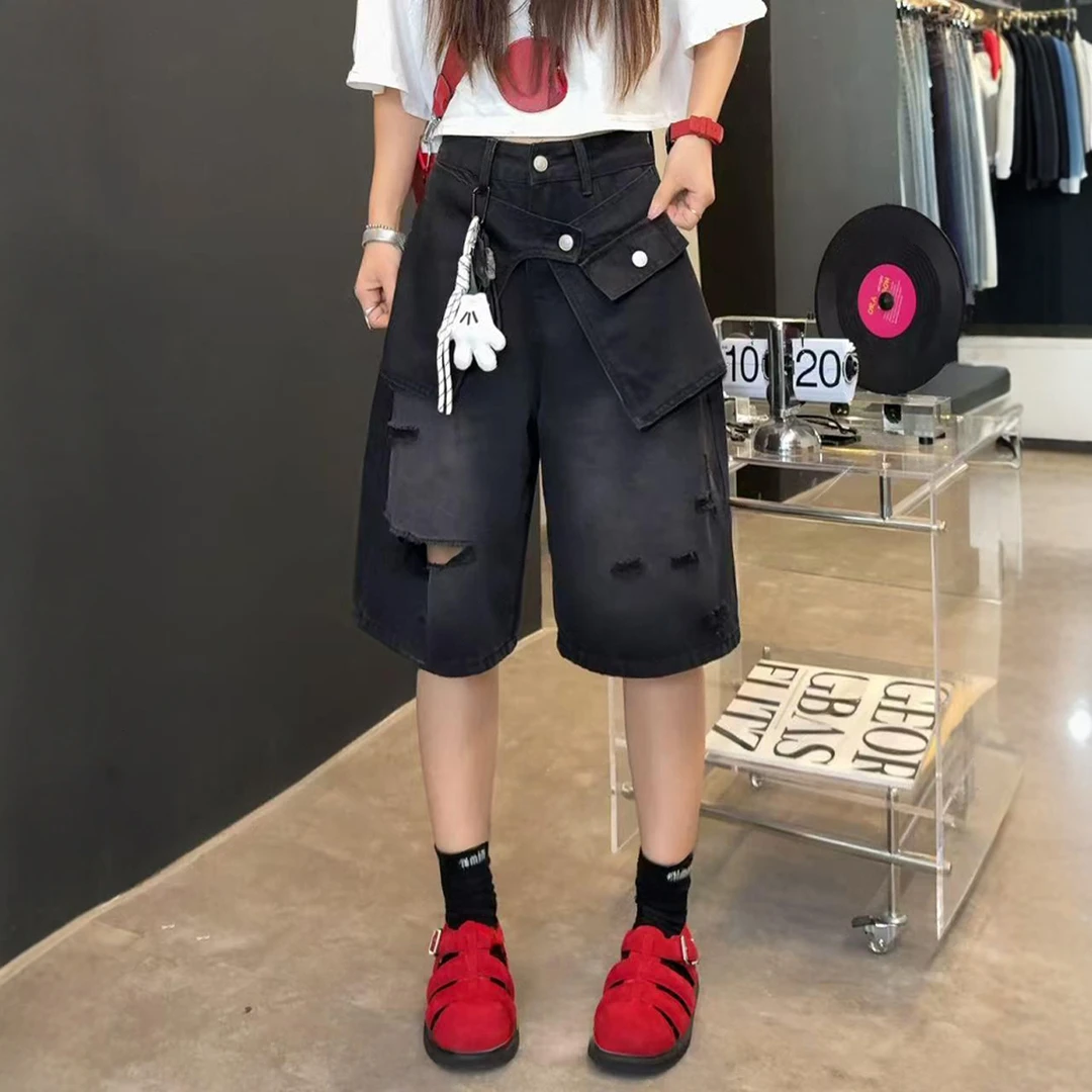 大码女装假两件破洞五分牛仔裤夏季薄款新款显瘦高腰胖妹妹阔腿裤