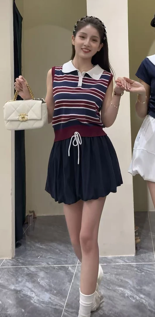 【海岛简爱】复古撞色条纹polo领针织衫女百搭套装8119-5