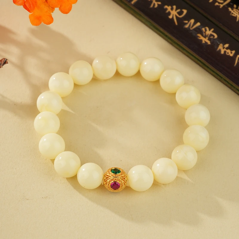 【厚爱公主专享】琥珀白花蜡圆珠手串 A01744多样性发一