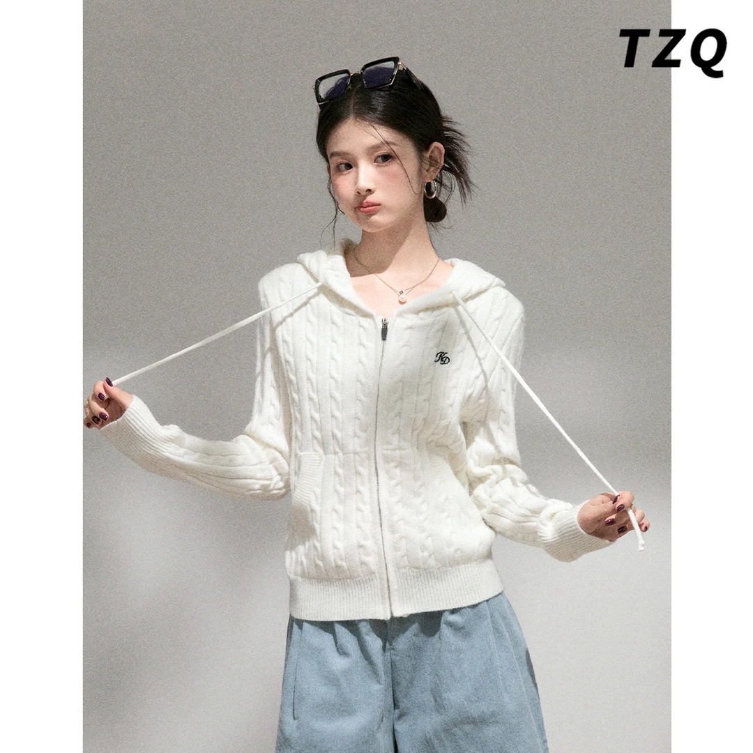 美式白色连帽针织开衫外套女设计秋季修身拉链麻花上衣TZQ2590952
